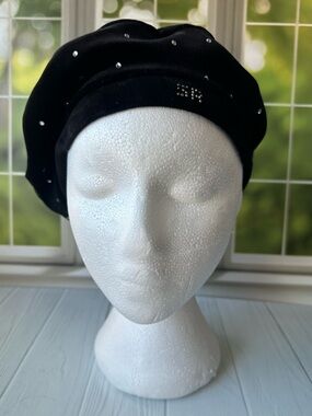 Rykiel Enfant Black Velvet Rhinestone Beret Hat Parisian Style Size 56